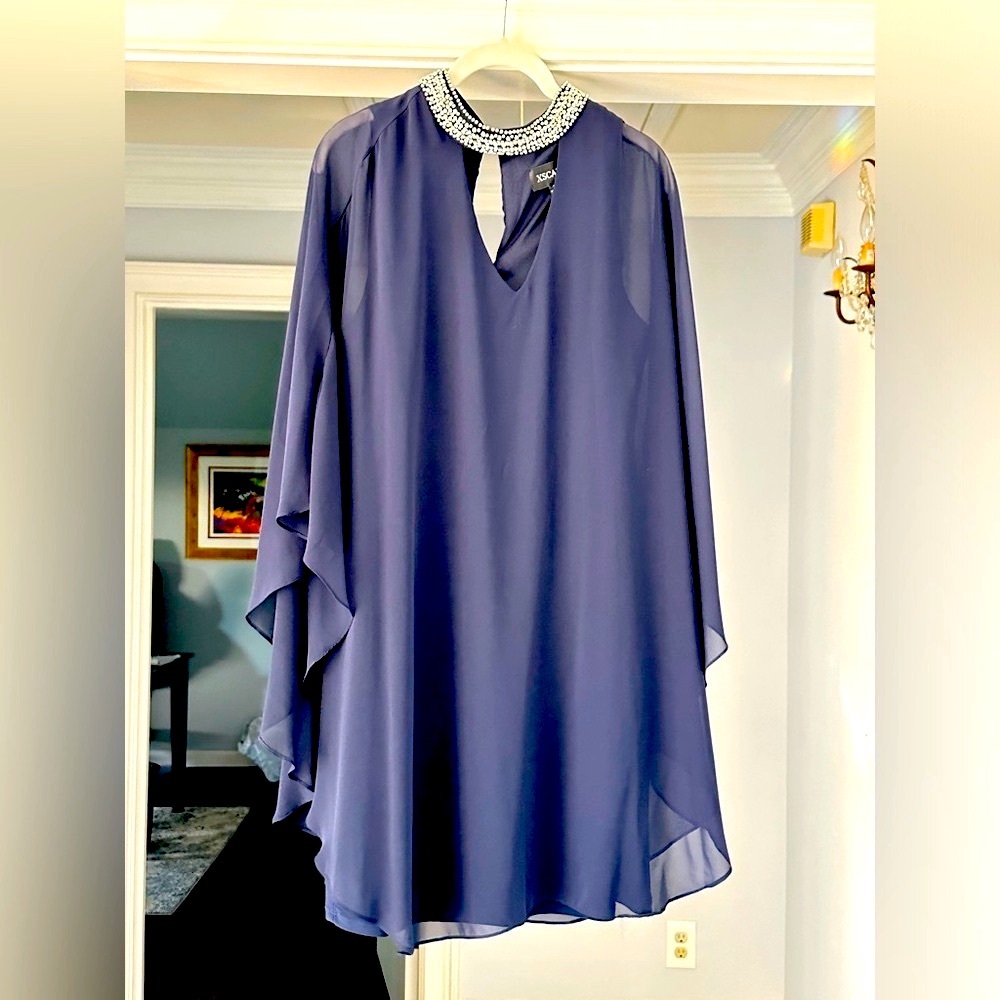 Xscape Women's Short Navy Dress Chiffon Overlay and Bead Choker Neck Size 16 EUC - Picture 4 of 10
